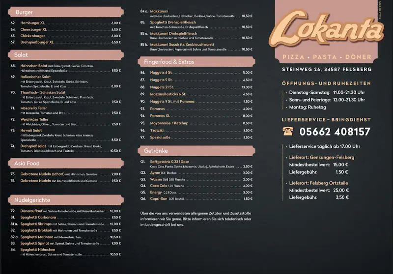 Menu_Lokanta – Pizza, Pasta, Döner | Lieferdienst Felsberg_Felsberg_image_4