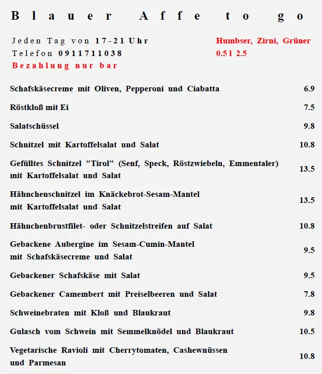 Menu_Zum Blauen Affen_Fürth_immagine_1