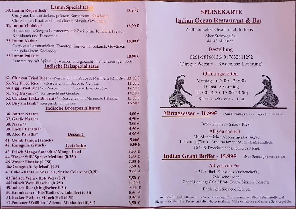 Menu_Indian Ocean Restaurant & Bar - Indisches Restaurant_Münster_image_1