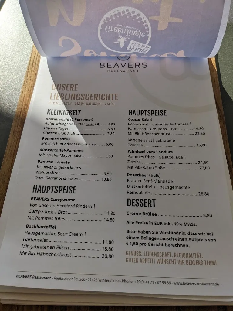 Menu_BEAVERS Restaurant - BITTE BEACHTEN SIE DIE ZEITEN DER WARMEN KÜCHE AUF UNSERER INTERNETSEITE!!__immagine_1