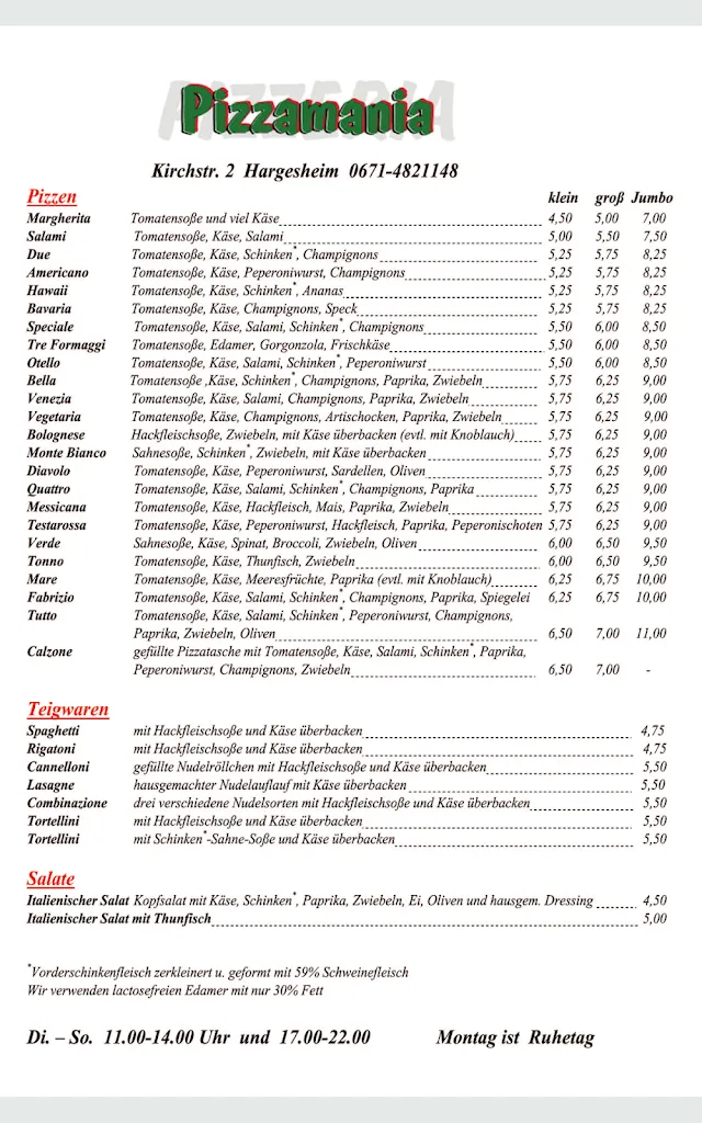 Menu_Restaurant Pizzeria Pizzamania_Hargesheim_immagine_1