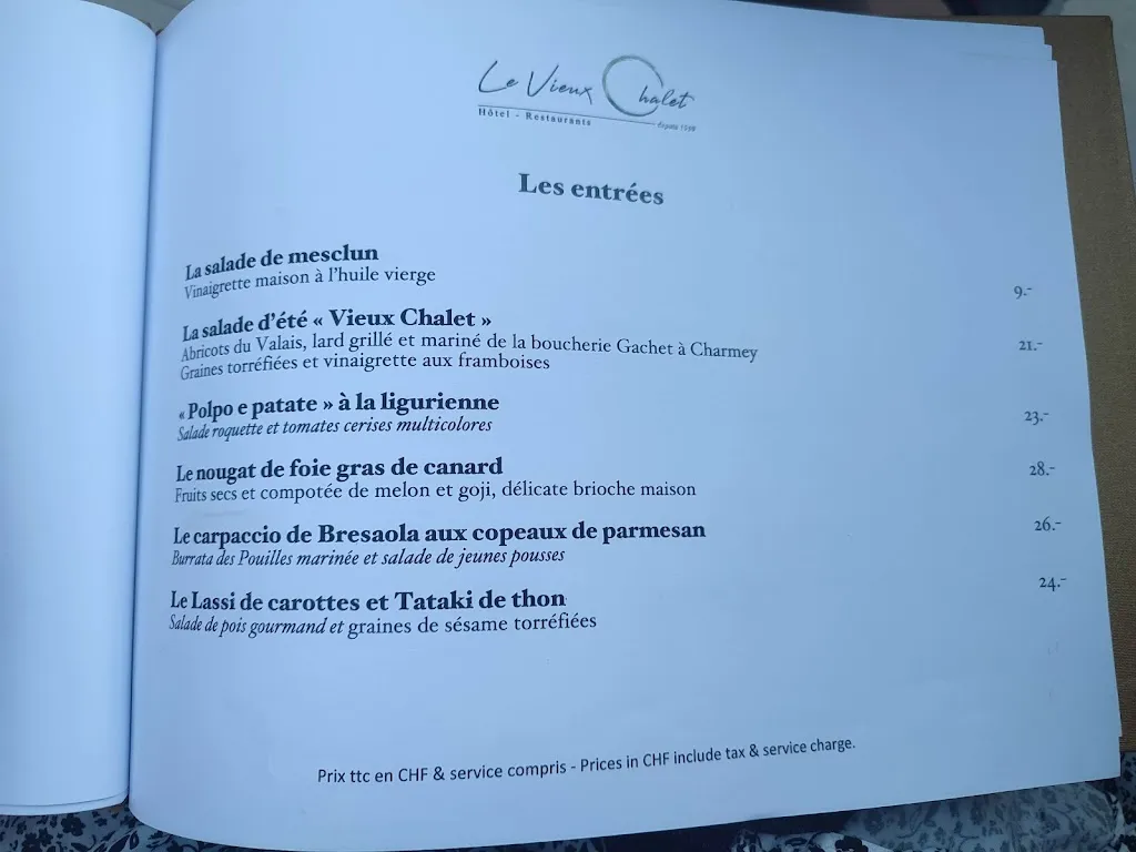 Menu_Hôtel - Restaurants Le Vieux Chalet Charmey - Crésuz_Crésuz_image_3