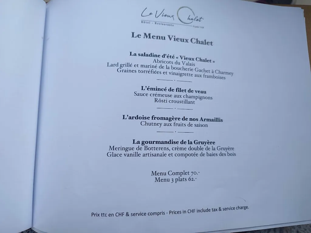 Menu_Hôtel - Restaurants Le Vieux Chalet Charmey - Crésuz_Crésuz_image_4