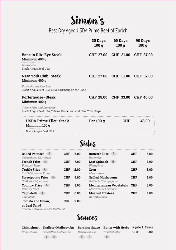 Menu_Simon's Steakhouse_Zürich_image_1