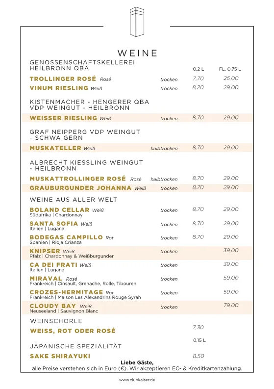 Menu_Club Kaiser Skybar - Heilbronn_Heilbronn_immagine_1