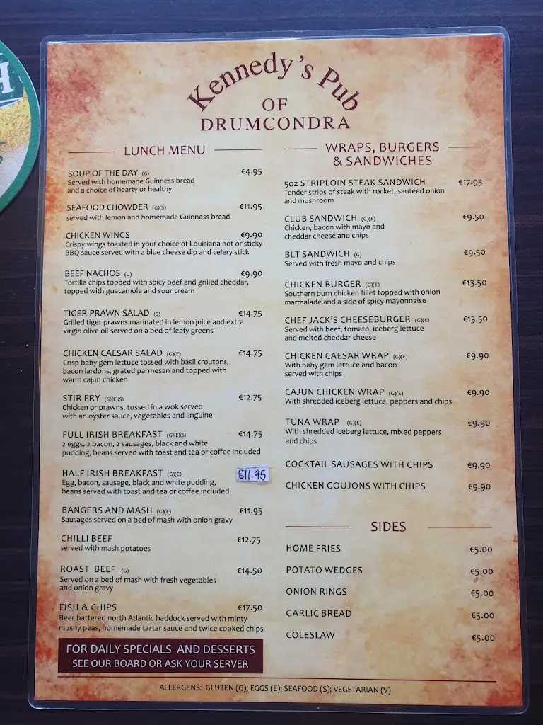 Menu_Kennedy's Pub_Drumcondra_image_1