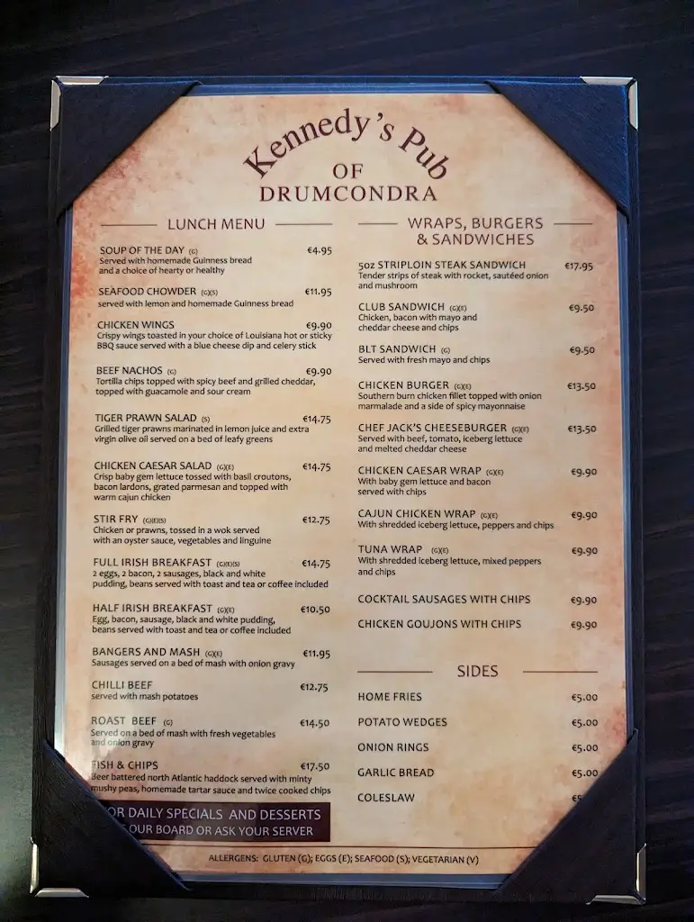 Menu_Kennedy's Pub_Drumcondra_image_2