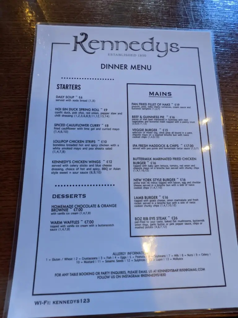 Menu_Kennedy's Pub_Drumcondra_image_3