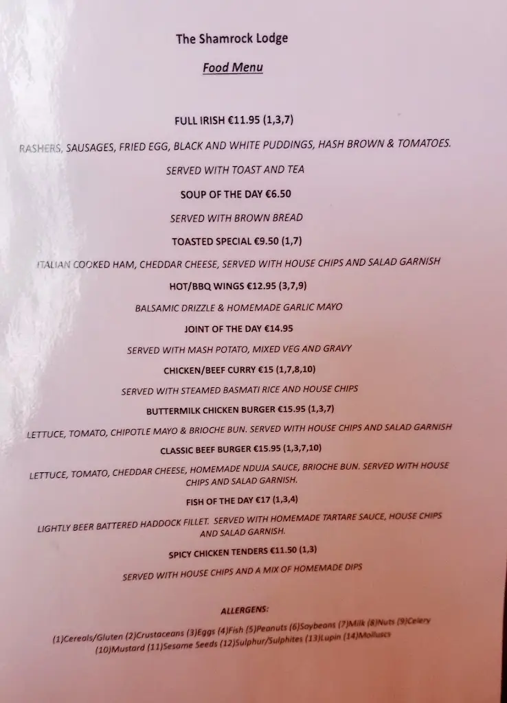 Menu_The Shamrock Lodge_Finglas_imagen_1