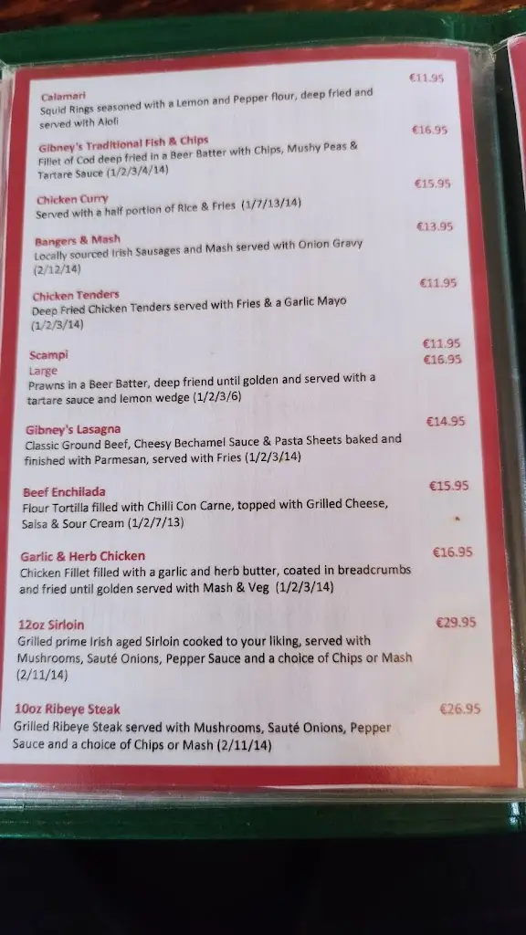 Menu_Gibney's Of Malahide, ireland_Malahide_image_3