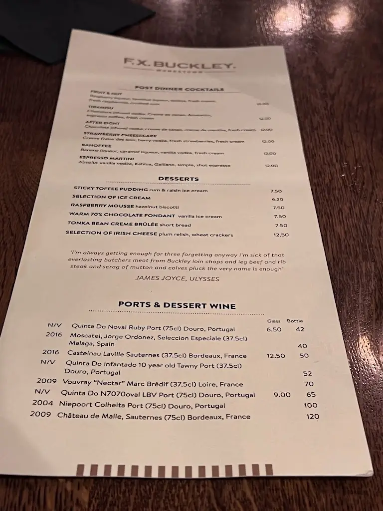Menu_F.X. Buckley Steakhouse Monkstown_Monkstown_immagine_1