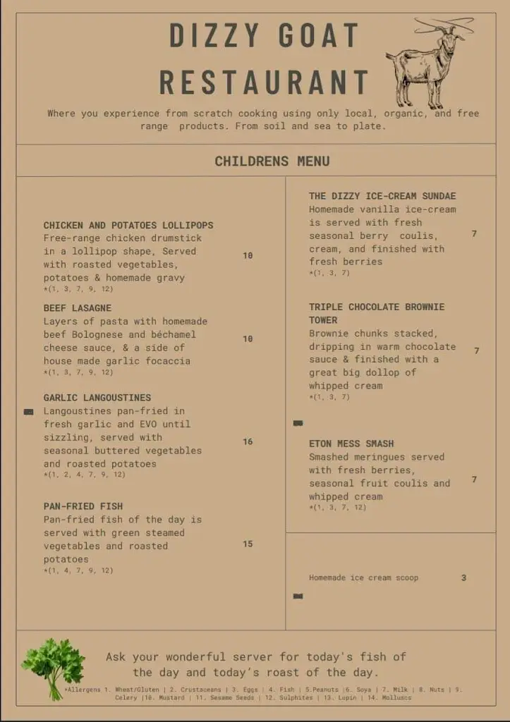 Menü_Dizzy Goat Resturant_Piltown_Bild_2