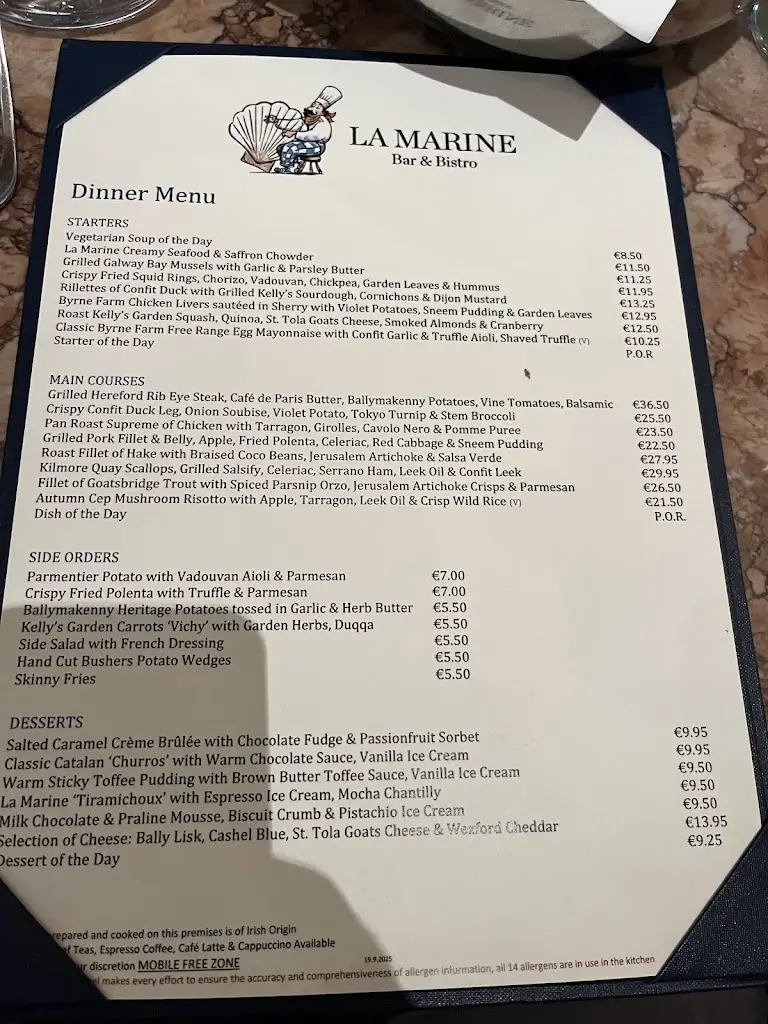 Menu_La Marine Bistro at Kelly's Resort Hotel & Spa_Rosslare_image_1