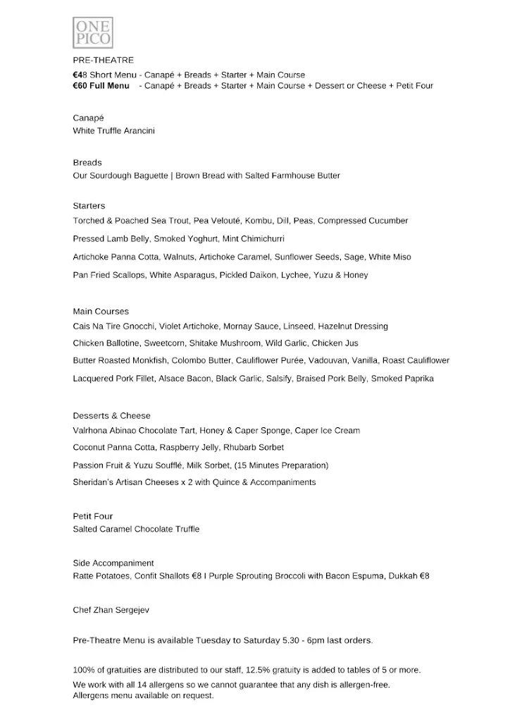 Menu_One Pico Restaurant_South Dublin_image_1