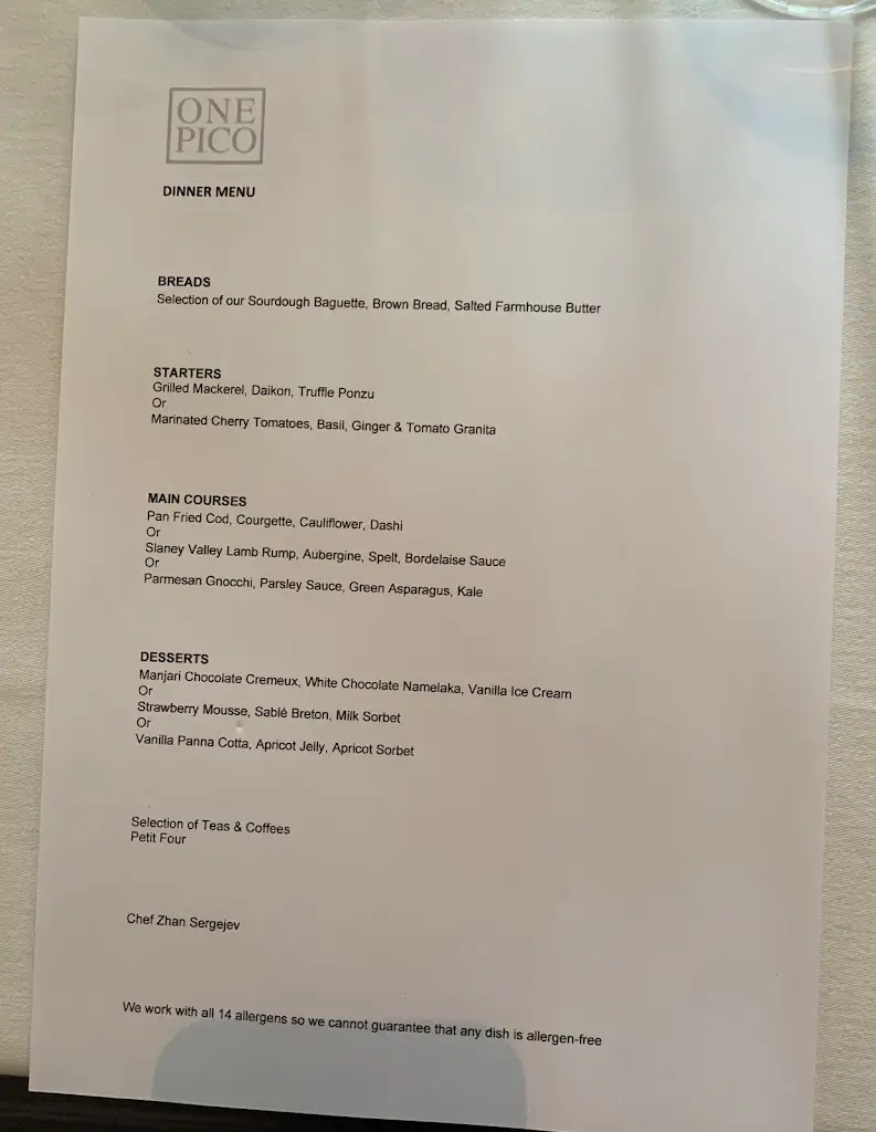 Menu_One Pico Restaurant_South Dublin_image_2