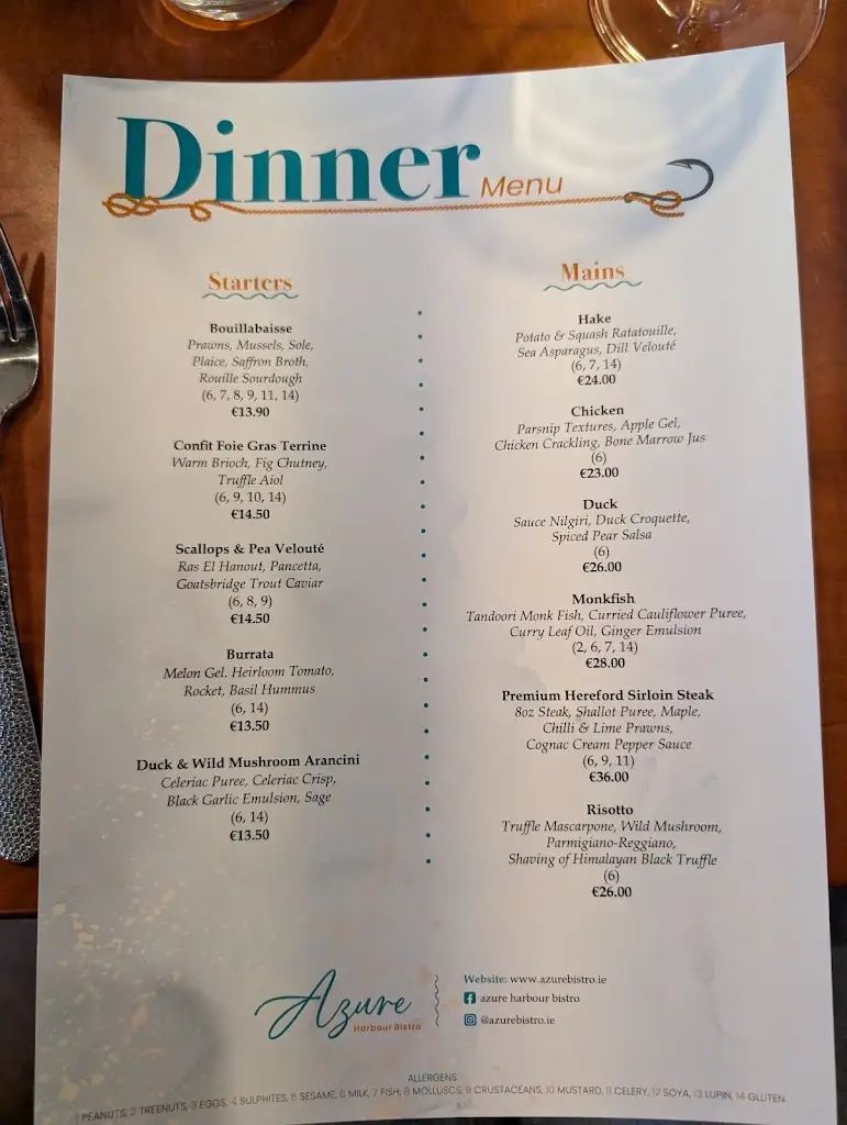 Menu_Azure Harbour Bistro, Modern European Seafood Restaurant_Aghada_imagen_1