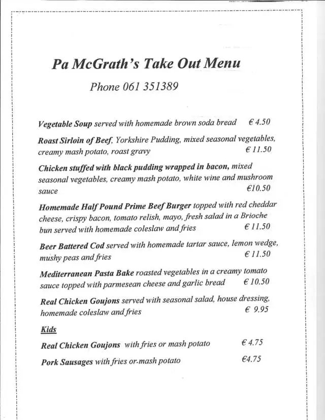 Menu_PaMcGrath's_Caherconlish_image_2