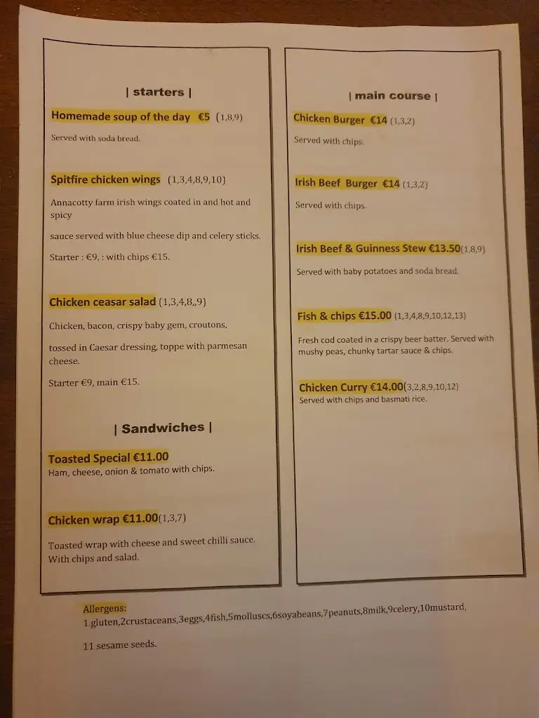 Menu_Bill Chawke's Bar Adare_Adare_immagine_1