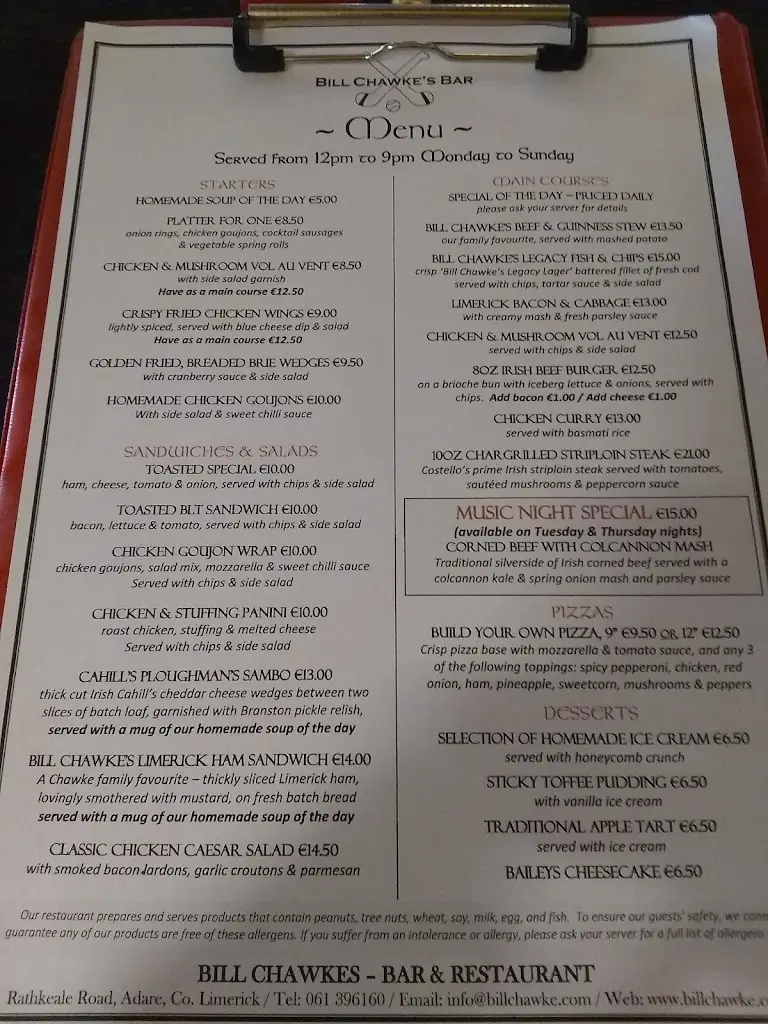 Menu_Bill Chawke's Bar Adare_Adare_immagine_3