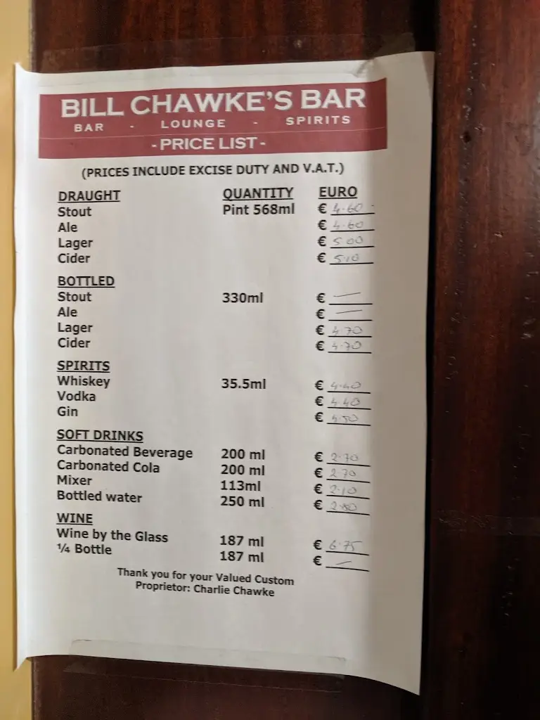 Menu_Bill Chawke's Bar Adare_Adare_immagine_4