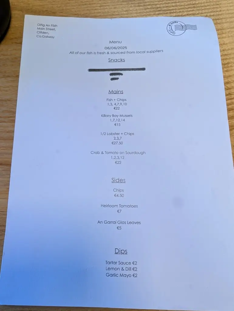 Menu_Oifig An Fish_Clifden_immagine_3