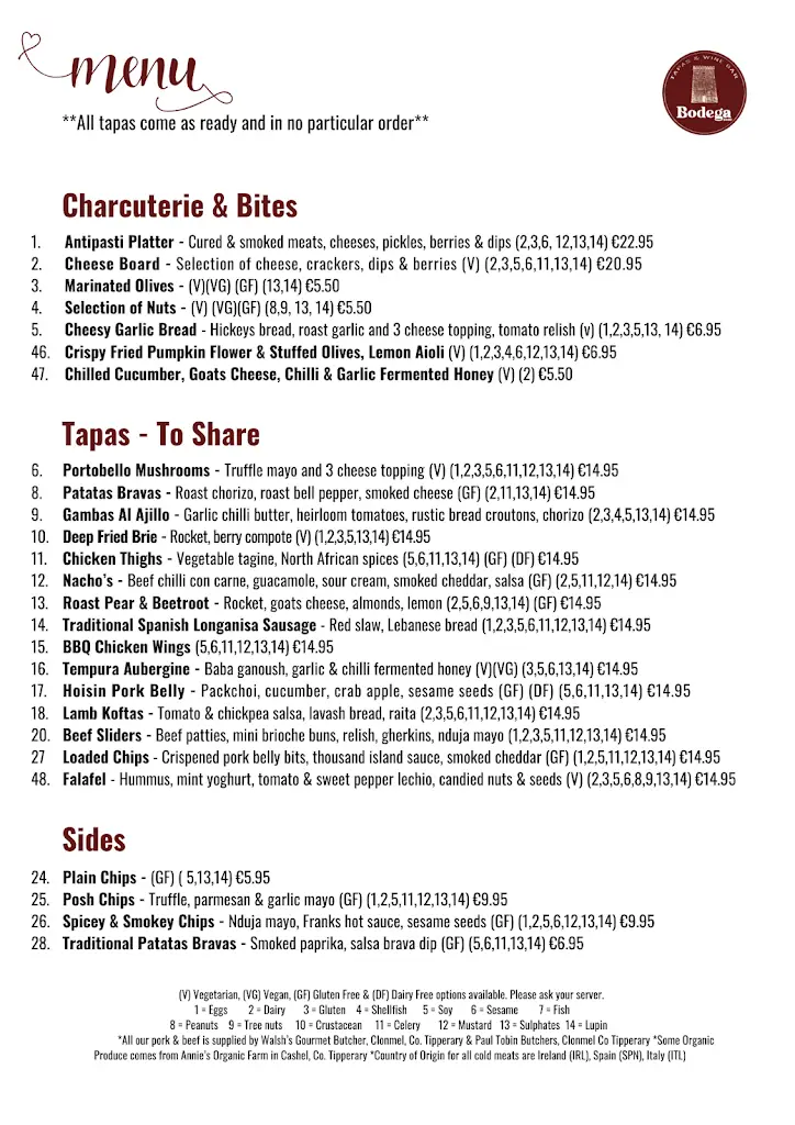 Menu_Bodega 1830_County Tipperary_image_1