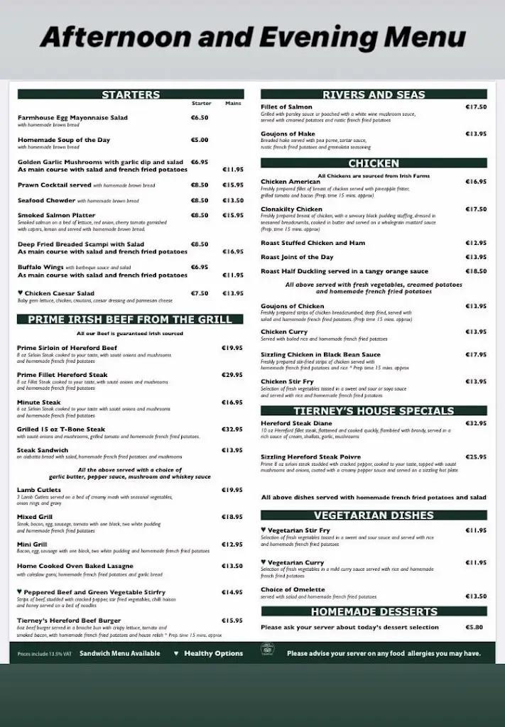 Menu_Sean Tierneys Bar and Restaurant_Cluain Meala_immagine_1