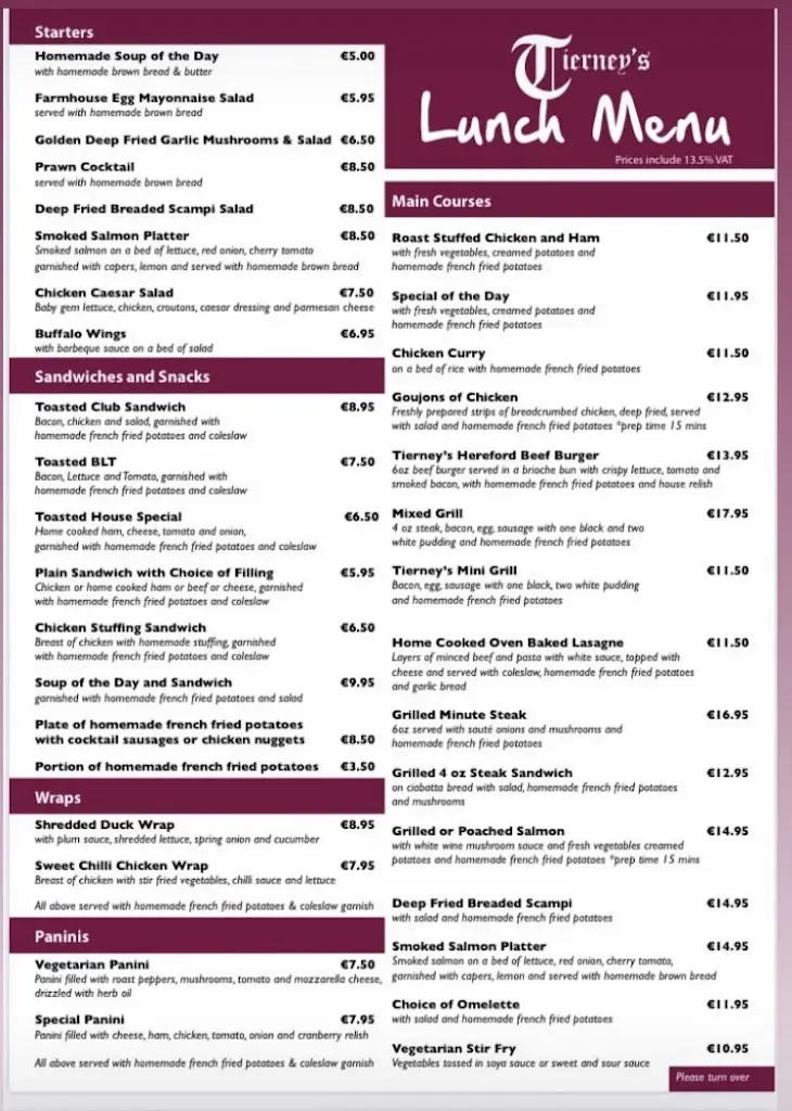 Menu_Sean Tierneys Bar and Restaurant_Cluain Meala_immagine_2