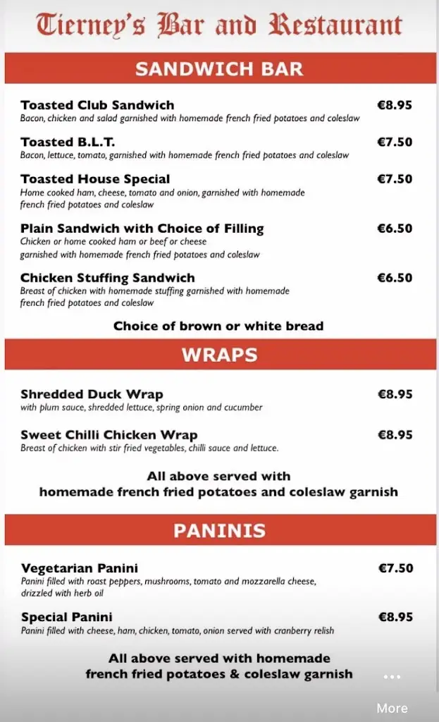 Menu_Sean Tierneys Bar and Restaurant_Cluain Meala_immagine_3