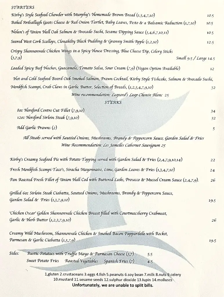 Menu_Kirbys @The Whale's Tail Restaurant_Clonakilty_image_1