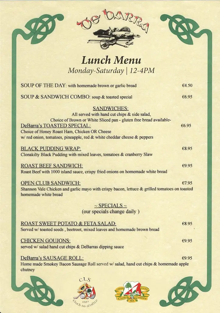 Menu_DeBarra's Folk Club_Clonakilty_image_1
