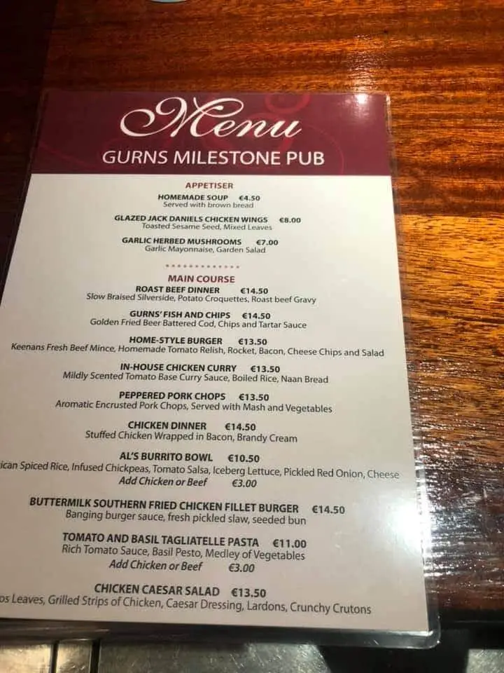 Menu_Gurn's Milestone & Restaurant_Manorhamilton_image_4