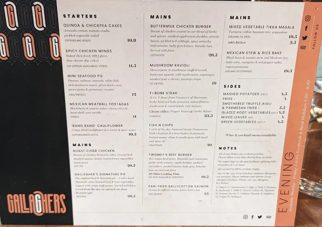 Menu_Gallagher's Cork_Cork City_image_3