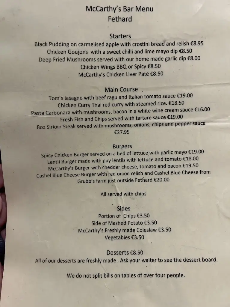 Menu_McCarthy's Pub Restaurant & Undertaker_Fethard_image_1