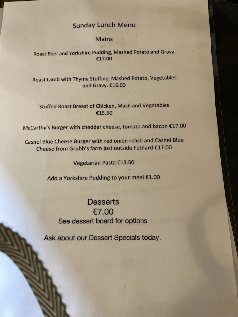 Menu_McCarthy's Pub Restaurant & Undertaker_Fethard_image_2