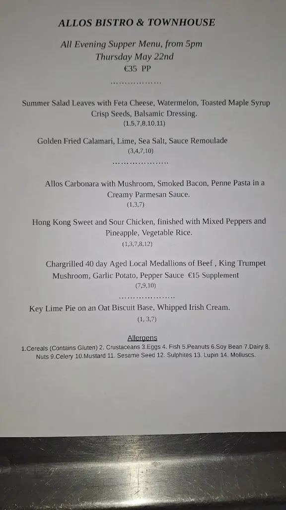 Menu_Allo's Restaurant, Bar and Bistro_Listowel_image_1