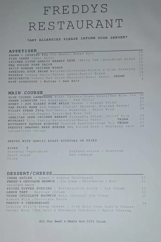 Menu_Freddy’s Restaurant Limerick_Limerick_image_1