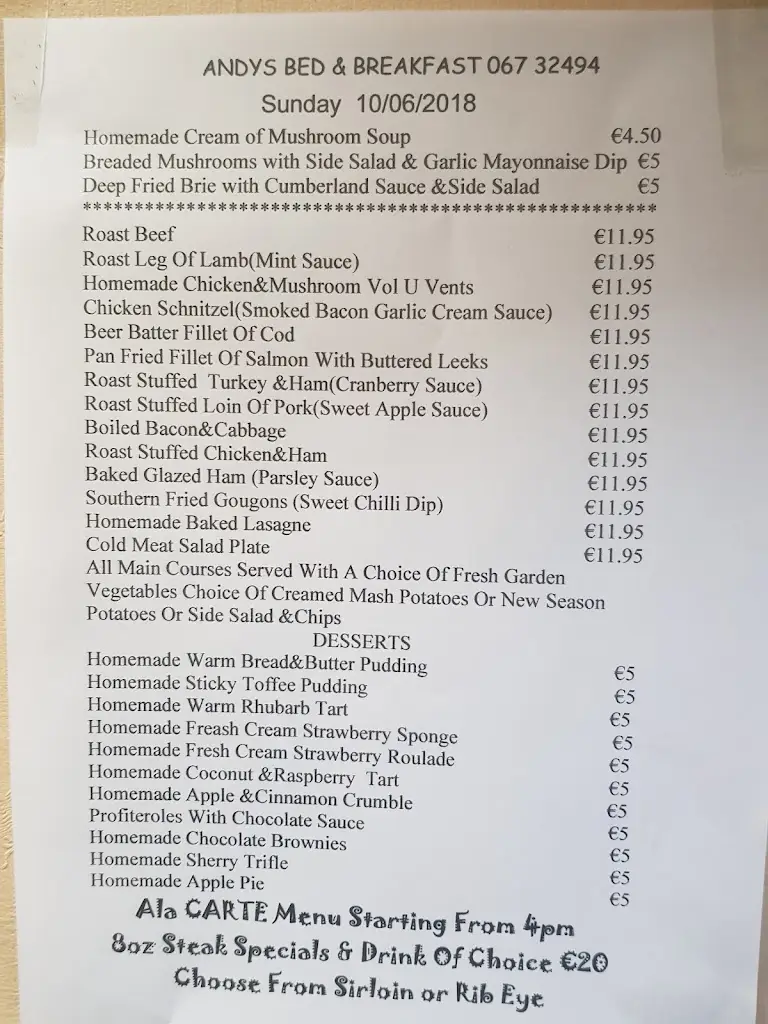 Menu_Andy's Gastropub Bed & Breakfast_Nenagh_image_4