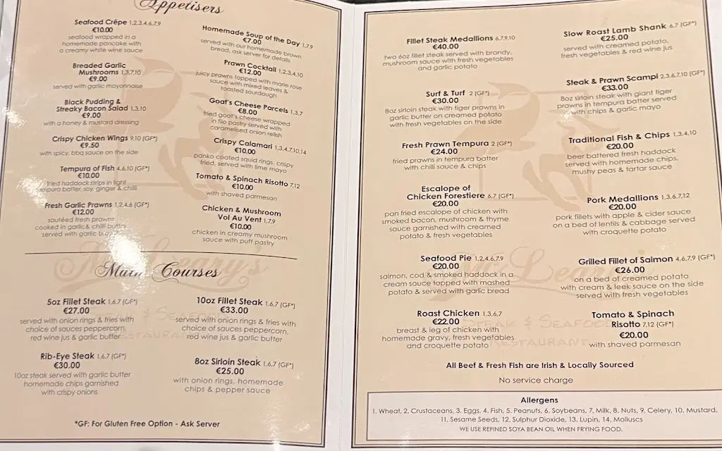 Menü_McLeary's Restaurant_Portlaw_Bild_1