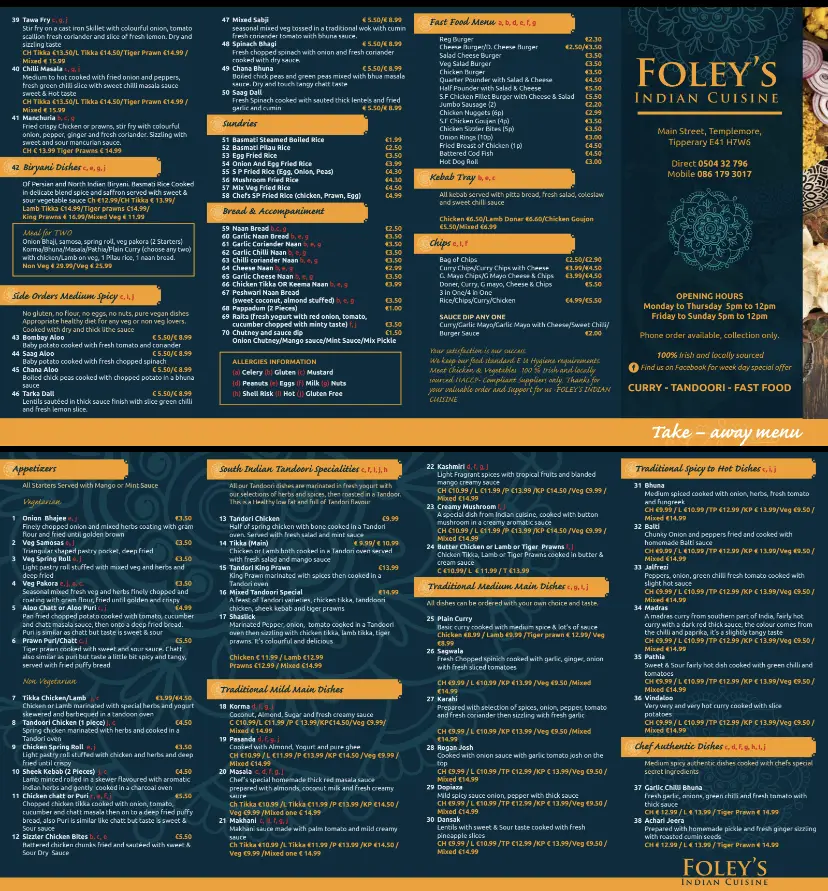 Menu_Foley's Indian Cuisine, Indian Take-away_Templemore_image_1