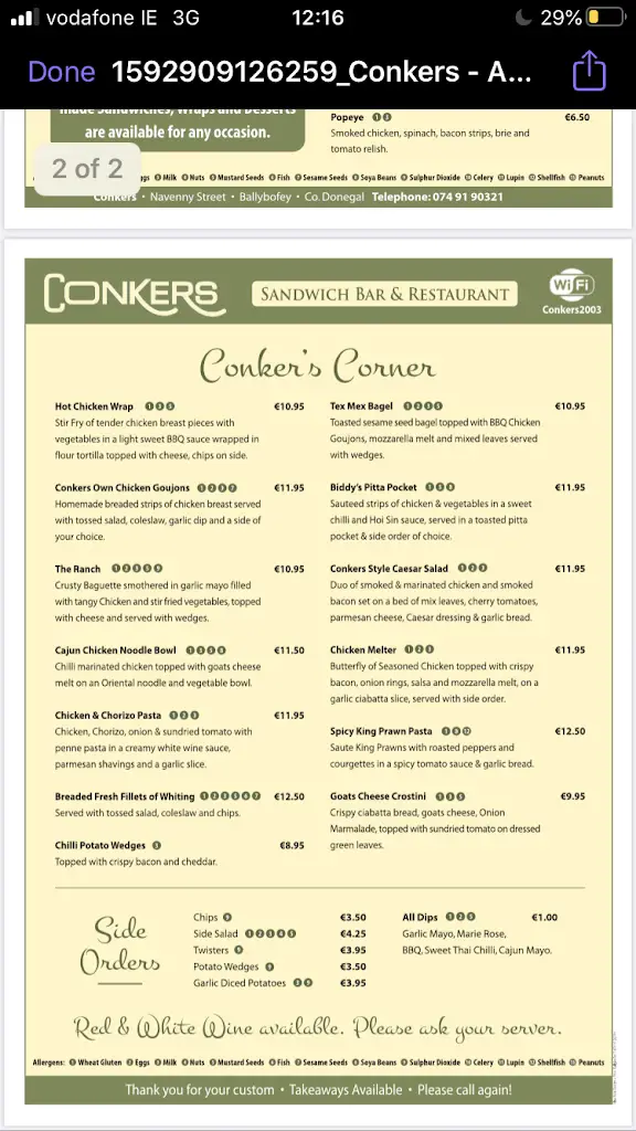 Menu_Conkers Restauarant_Ballybofey_imagen_1
