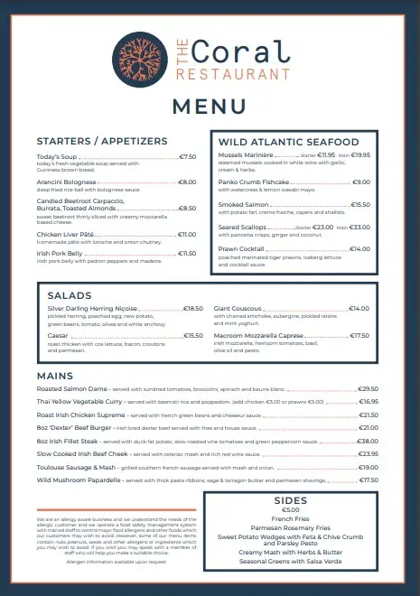 Menu_The Coral Restaurant_Inishcrone_imagen_1