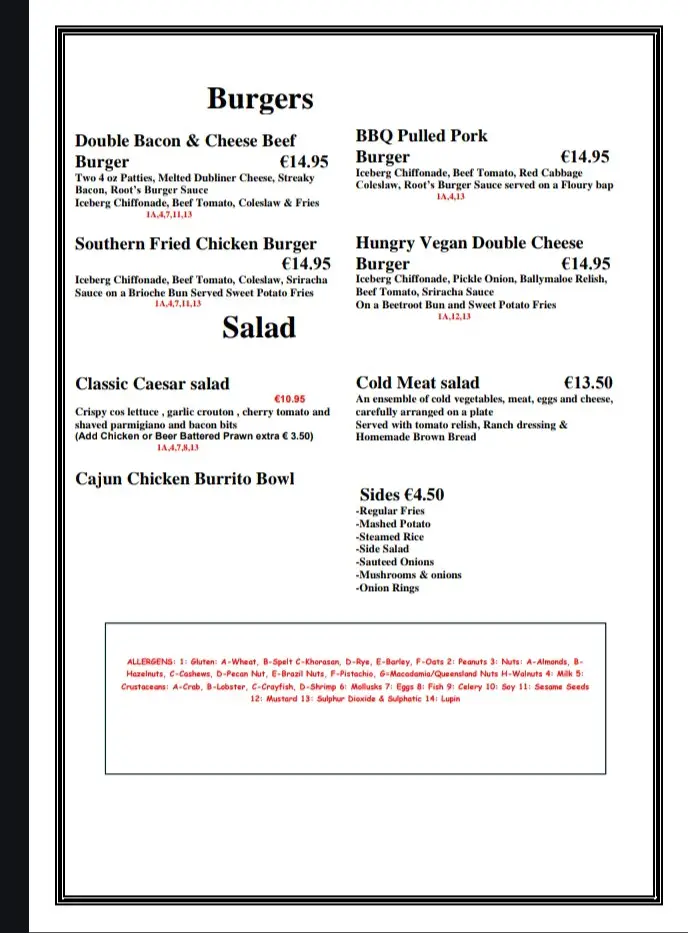 Menü_roots bar and restaurant_Abbeyleix_Bild_3