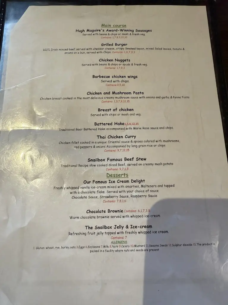 Menu_The Snailbox Restaurant, Bar & Accommodation_An Mhí_immagine_1