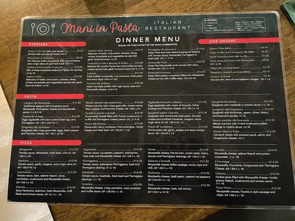 Menu_Mani In Pasta Italian Restaurant Athy_Athy_image_1