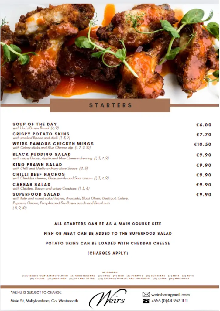 Menu_Weir's Bar & Restaurant_An Iarmhí_image_2