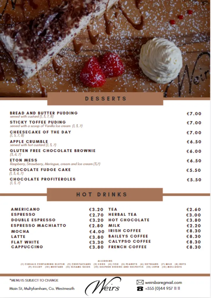 Menu_Weir's Bar & Restaurant_An Iarmhí_image_4