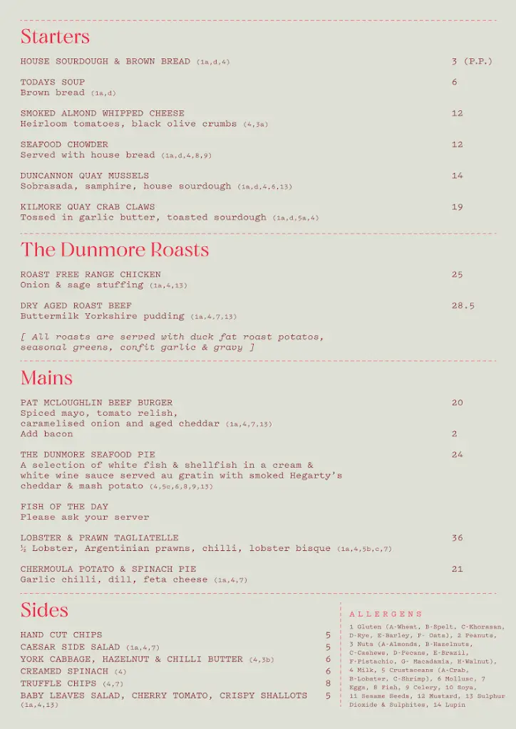 Menü_The Dunmore_Bonnybrook_Bild_2