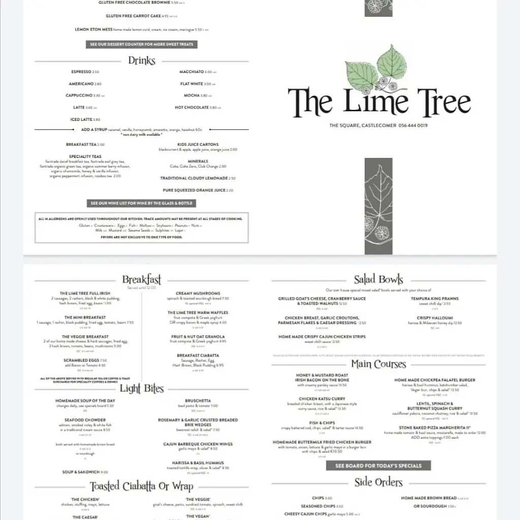 Menu_The Lime Tree Cafe & Restaurant_Castlecomer_image_4