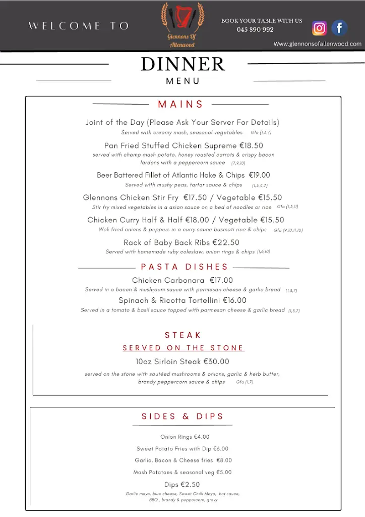 Glennons Cafe, Bar Restaurant, Beer Garden & Takeaway_Derrinturn_menu_image_1